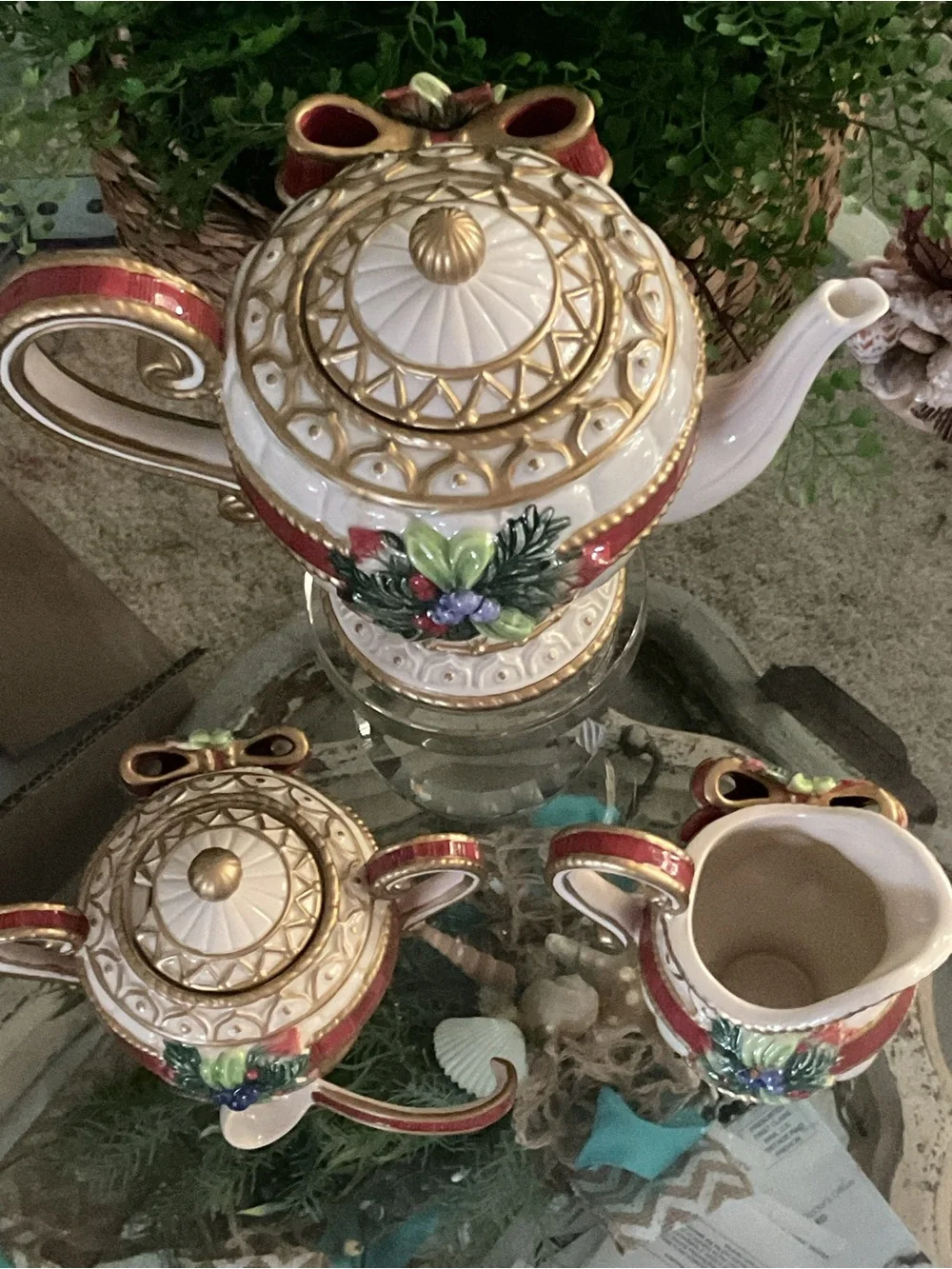 Festive White & Red Holiday Teapot Set with Gold Accents
